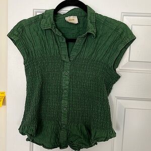 Maeve Linen Cotton Smocked Button Front Blouse